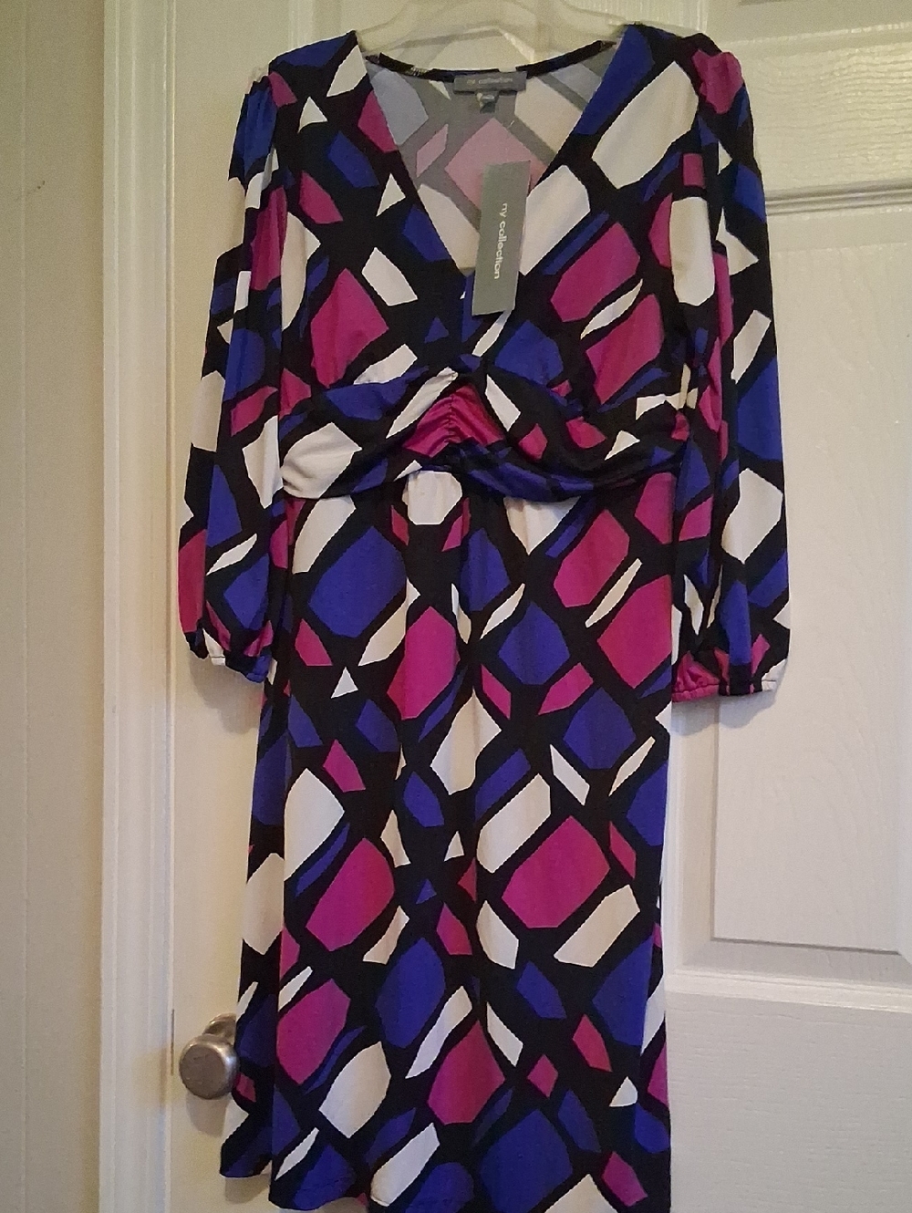 NY Collection Geometric V-Neck Dress - Fuchsia, Royal Blue, Black, White